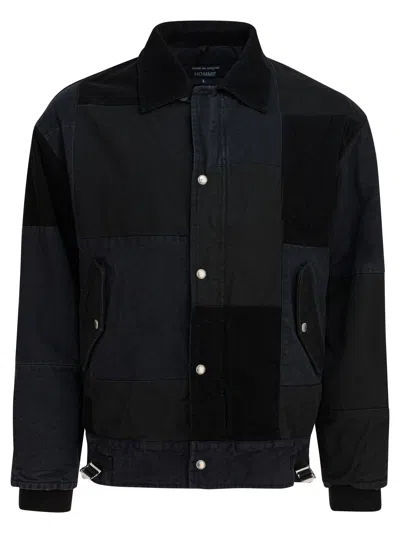 Comme Des Garçons Homme Tone On Tone Patchwork Buttoned Jacket In Black
