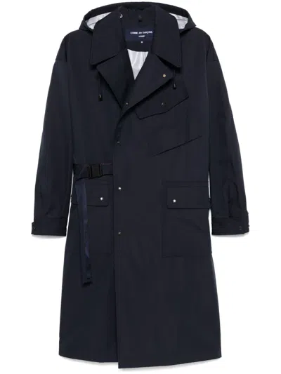 Comme Des Garçons Hooded Trench Coat In Blue