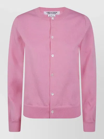 Comme Des Garçons Knit Cardigan Crew Neck Ribbed Cuffs Hem In Pink
