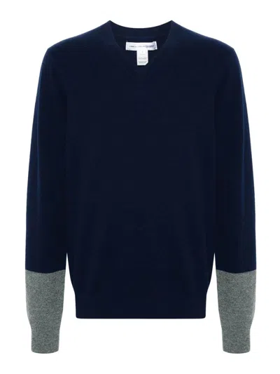 Comme Des Garçons Knitted Wool Sweater In Navy,top Grey
