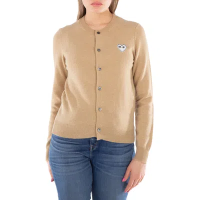 Comme Des Garçons Ladies Heart Logo Crewneck Cardigan In Brown