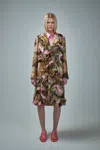 Comme Des Garçons Renaissance-print Ruched Midi Coat In Pink & Purple