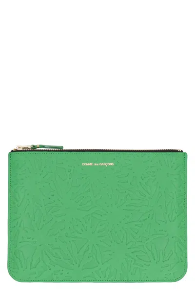 Comme Des Garçons Leather Flat Pouch In Green