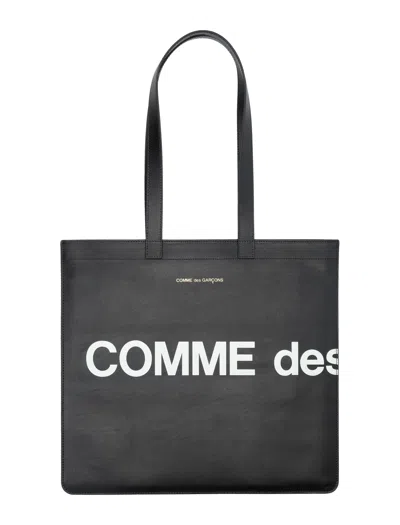 Comme Des Garçons Leather Logo Tote Bag In Black