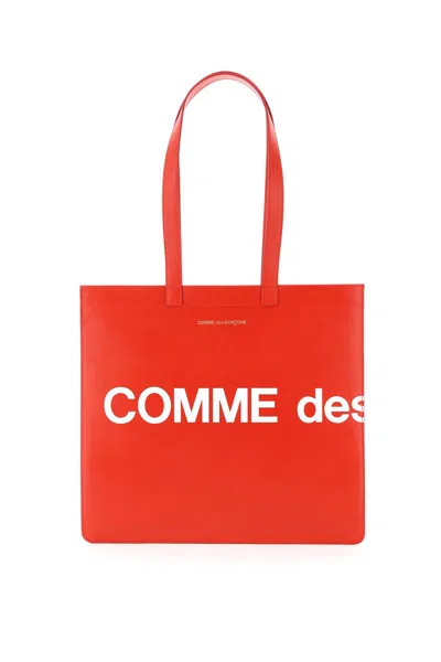 Comme Des Garçons Leather Tote Bag With Logo In Rosso