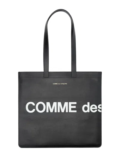Comme Des Garçons Leather Tote Handbag With Logo Print For Men In Black