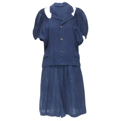 Comme Des Garçons Comme Des Garcons Linen Ruched Sleeve Cut Out Top Shorts Set In Blue