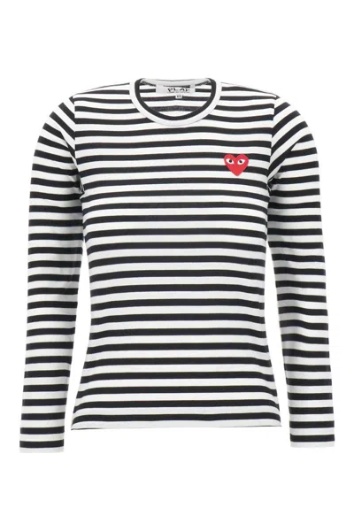 Comme Des Garçons Logo Striped Cotton T-shirt In Black