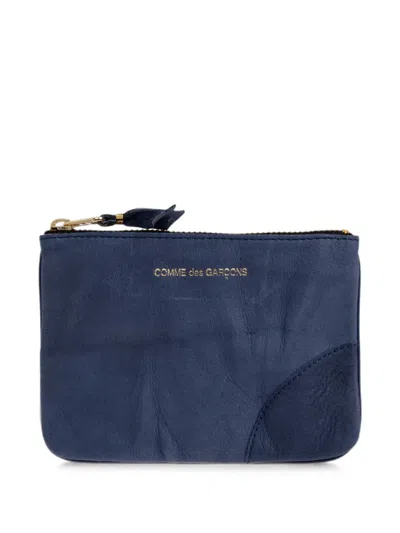 Comme Des Garçons Logo-print Calf Leather Pouch In Blue