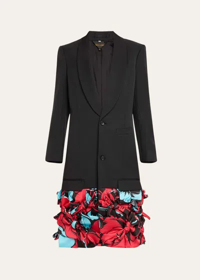 Comme Des Garçons Long Mixed-media Floral Bow Applique Jacket In Black X Multi