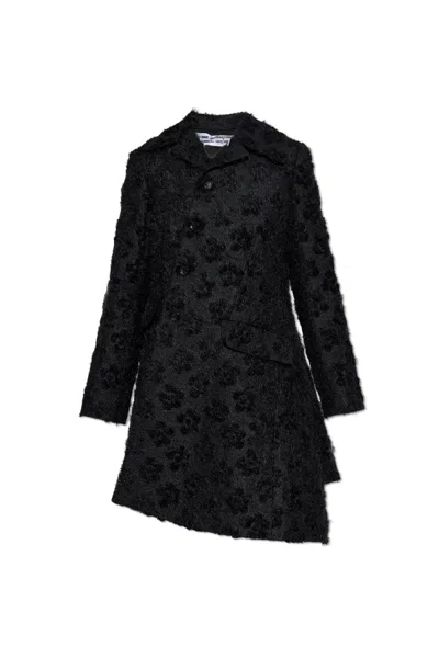 Comme Des Garçons Floral-embroidered Asymmetric Coat In Black