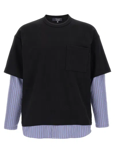 Comme Des Garçons Layered Crew Neck T Shirt Striped Sleeves In Black