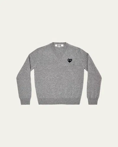 Comme Des Garçons Men's Heart V-neck Wool Sweater In Light Gray