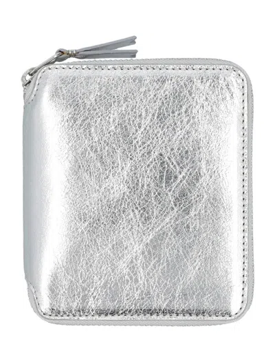 Comme Des Garçons Metallic Zip Around Wallet In Silver