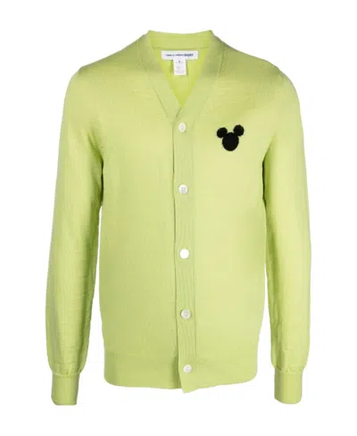 Comme Des Garçons Mickey Mouse V-neck Cardigan In Yellow
