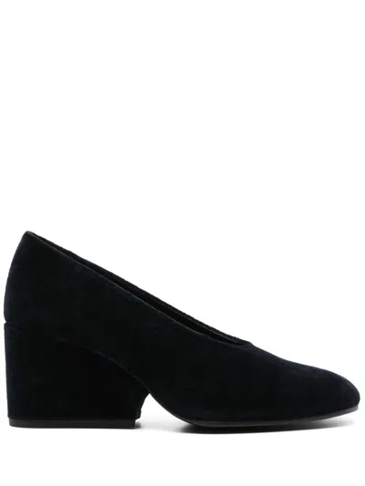 Comme Des Garçons Navy Blue Velvet Round-toe Pumps With Covered Heel In Navy