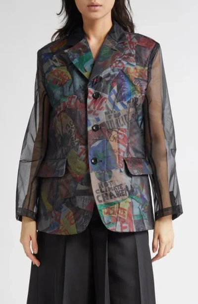 Comme Des Garçons Paper Print 6 Nylon Organza Blazer In Black Multi