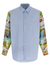 Comme Des Garçons Patterned Sleeve Cotton Poplin Shirt With Asymmetrical Hem In Blue