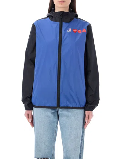 Comme Des Garçons Play Bicolor Waterproof Zip Jacket With Hood In Blue Black
