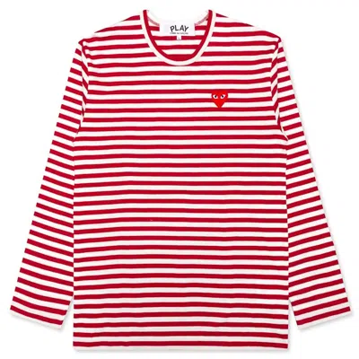 Pre-owned Comme Des Garçons Play Big Heart Striped Long Sleeve T-shirt In Red/white