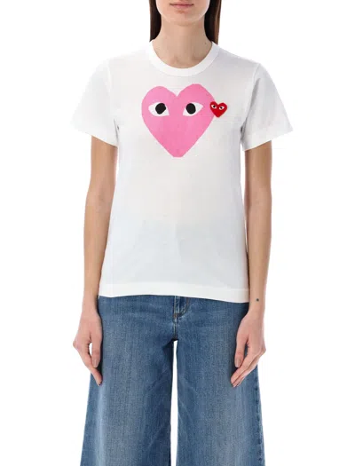Comme Des Garçons Play White Heart Patch T-shirt In White Pink