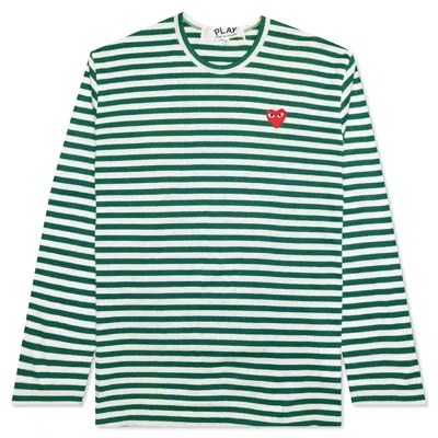 Pre-owned Comme Des Garçons Play Big Red Heart Striped Long Sleeve T-shirt In Green/white