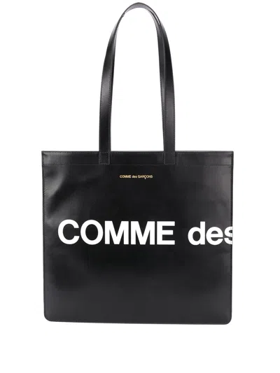 Comme Des Garçons Play Black And White Logo-print Leather Tote Handbag For Men In Metallic
