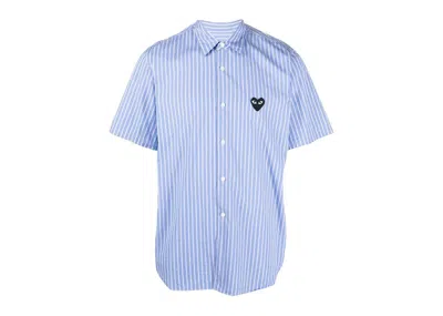 Pre-owned Comme Des Garçons Play Black Emblem Striped Short Sleeve Button Up Shirt In Blue/white