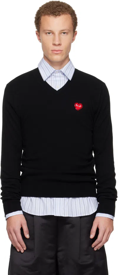 Comme Des Garçons Play Black Knit Rhinestone Emblem Heart Sweater