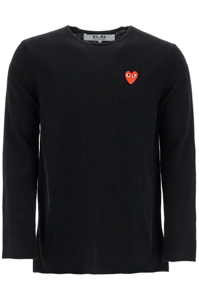 Comme Des Garçons Play Black Wool Sweater With Red Heart Logo And Wide Neck