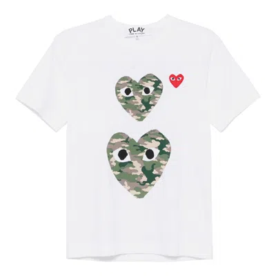 Comme Des Garçons Play Camo Double Heart Short Sleeve Tee In White