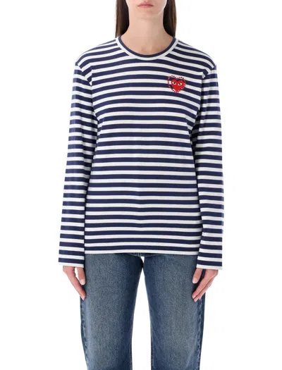 Comme Des Garçons Play  Play Striped Navy And White T-shirt With Crystal Heart In Multi