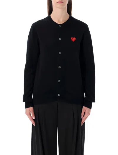 Comme Des Garçons Play Wool Cardigan With Red Crystal Heart In Black