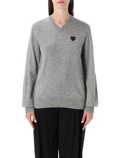 Comme Des Garçons Play Comme Des Garcons Play Unisex V-neck Wool Sweater With Heart Patch In Gray