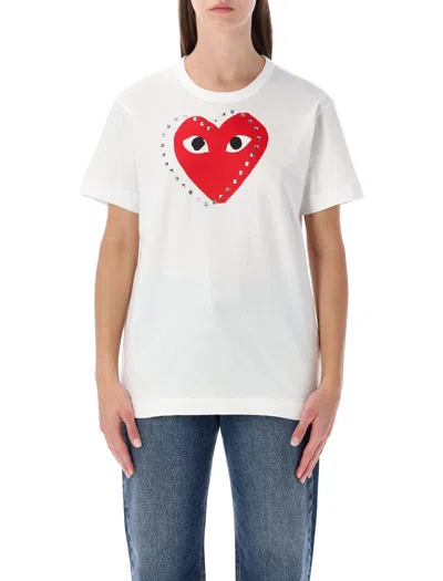 Comme Des Garçons Play  Playwhite T-shirt With Studded Red Heart In White