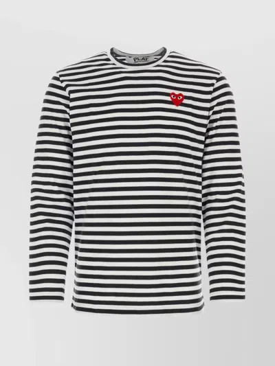 Comme Des Garçons Play Crew Neck Embroidered Cotton T-shirt With Striped Pattern In Multi