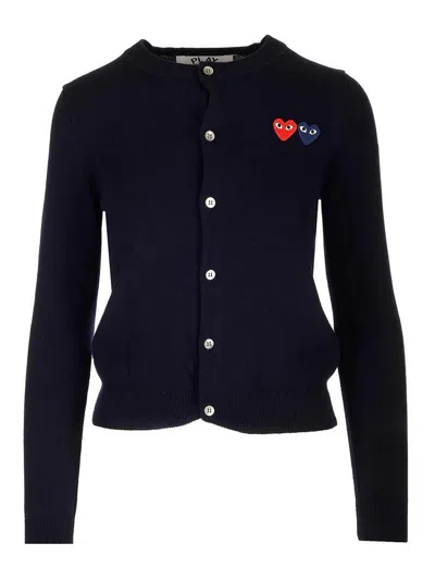 Comme Des Garçons Play Crewneck Wool Cardigan In Blue