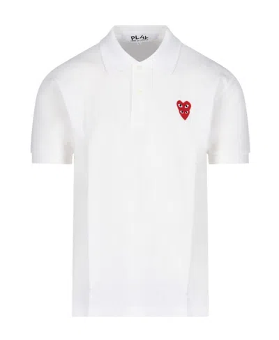 Comme Des Garçons Play Double Heart Logo Patch Polo Shirt In White