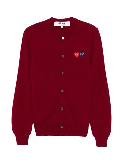Comme Des Garçons Play Double Heart Wool Cardigan In Red