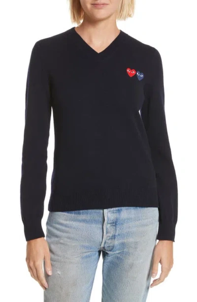 Comme Des Garçons Play Double Heart Wool Sweater In Blue