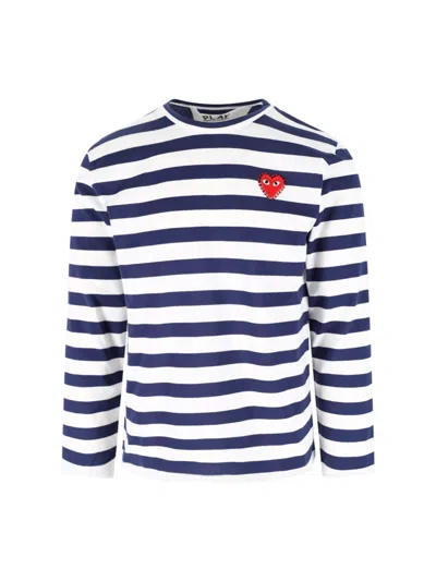 Comme Des Garçons Play 'emblem' Striped T-shirt With Rhinestones In White