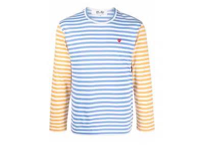 Pre-owned Comme Des Garçons Play Embroidered Logo Striped Longsleeve Tee Shirt In Blue/yellow