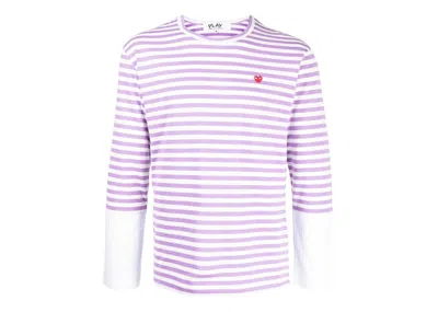 Pre-owned Comme Des Garçons Play Embroidered Logo Striped Longsleeve Tee Shirt In Purple/white