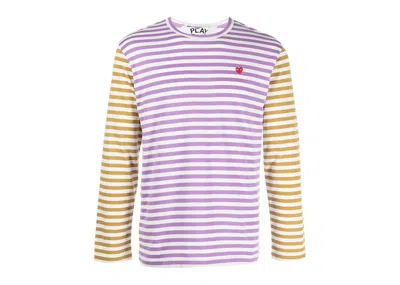 Pre-owned Comme Des Garçons Play Embroidered Logo Striped Longsleeve Tee Shirt In Purple/yellow