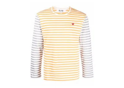 Pre-owned Comme Des Garçons Play Embroidered Logo Striped Longsleeve Tee Shirt In Yellow/grey