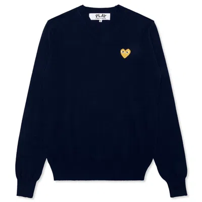 Pre-owned Comme Des Garçons Play Gold Heart V Neck Sweater In Navy Blue