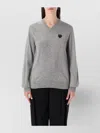 Comme Des Garçons Play Wool V-neck Sweater With Black Heart And Crystals In Gray