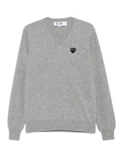 Comme Des Garçons Play Heart-embellished V-neck Sweater In Gray