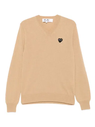 Comme Des Garçons Play Heart-embellished V-neck Sweater In Neutral