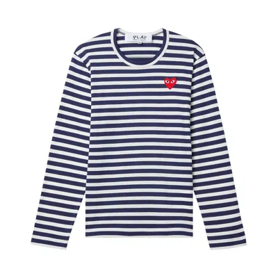 Pre-owned Comme Des Garçons Play Heart Emblem Stipe T-shirt 'navy/white' | Blue | Men's Size Xs